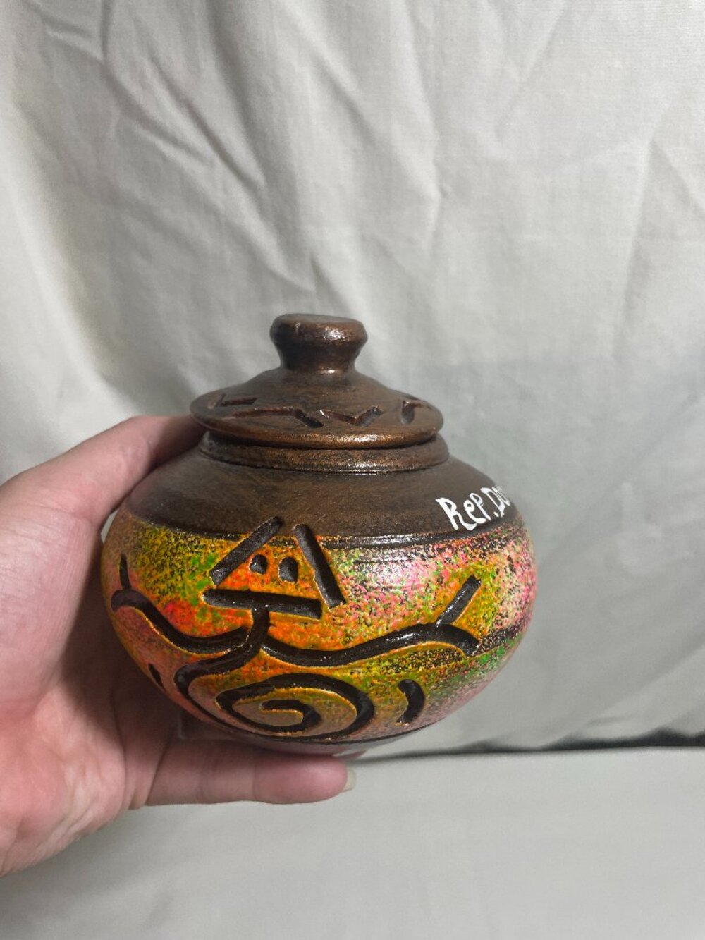 Dominican Republic Hand Painted Pottery Lidded Jar Trinket Dish Folk Art 3"